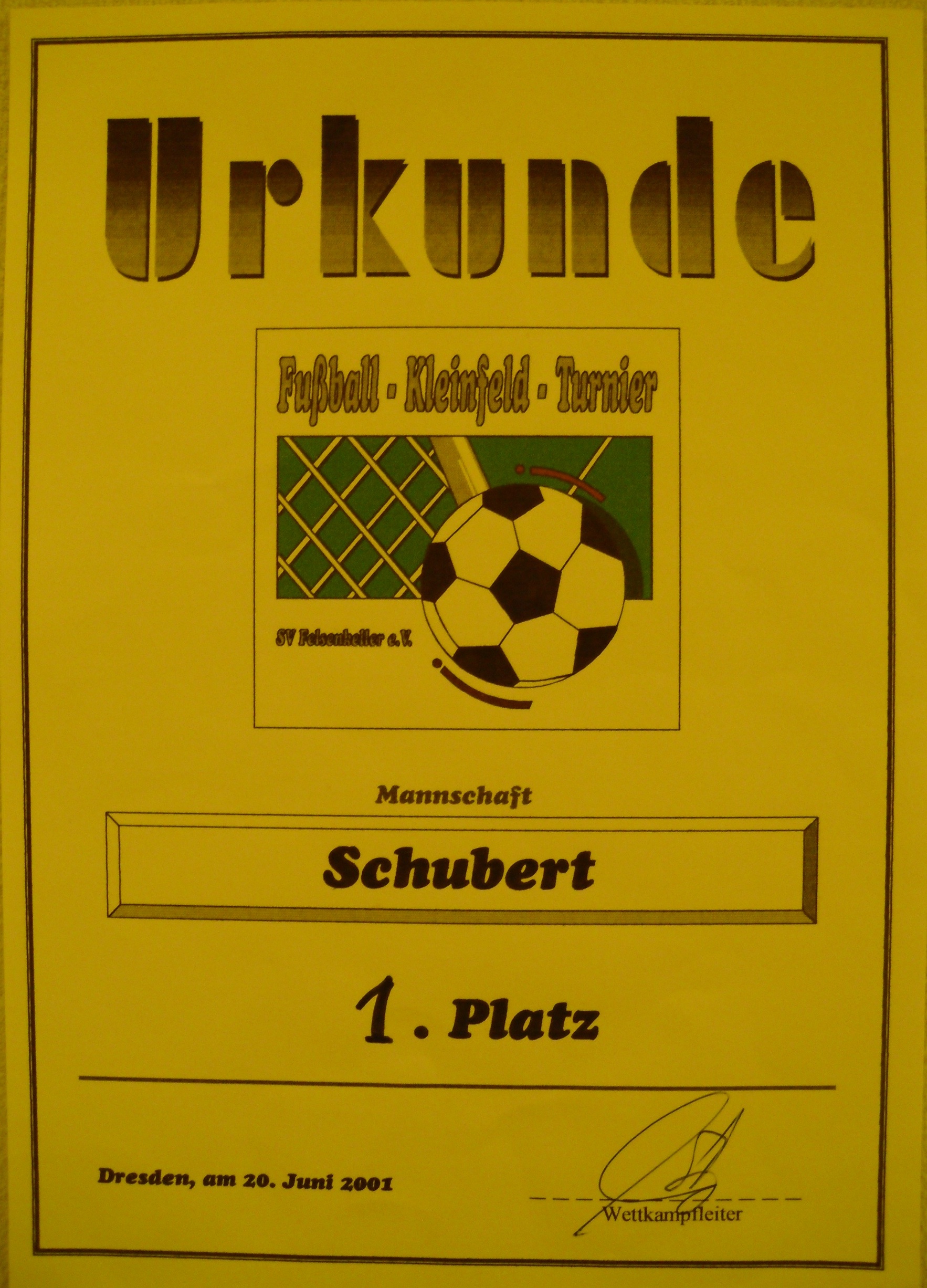 Urkunde der Abteilung Fussball aus dem Jahr 2001